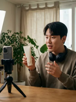 자택 스튜디오에서 제품 리뷰 영상을 촬영 중인 인플루언서