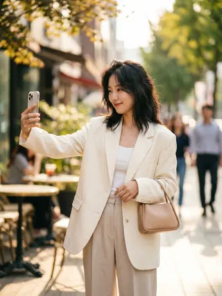 거리에서 스타일링을 촬영 중인 패션 인플루언서